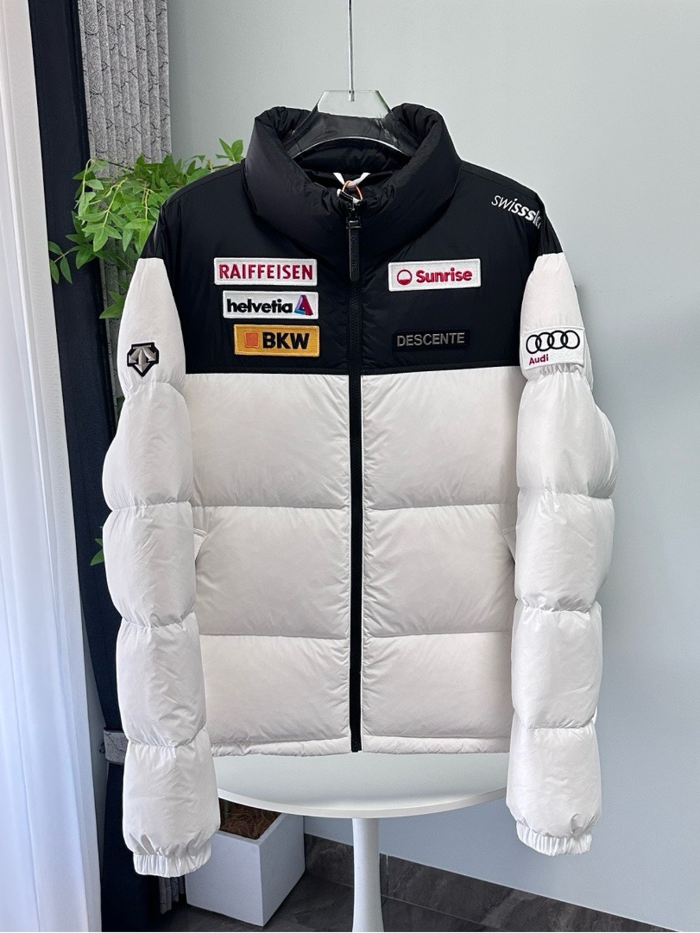 Descente Black and White Racing-Inspired Puffer Jacket